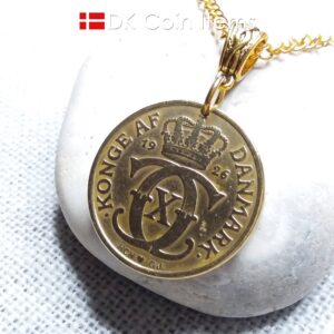 Golden 98 year old Crown C-initial coin necklace with 2 kroner 1926 from Denmark as coin pendant. Antique Danish vintage souvenir gift