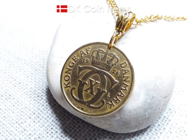 Golden 98 year old Crown C-initial coin necklace with 2 kroner 1926 from Denmark as coin pendant. Antique Danish vintage souvenir gift