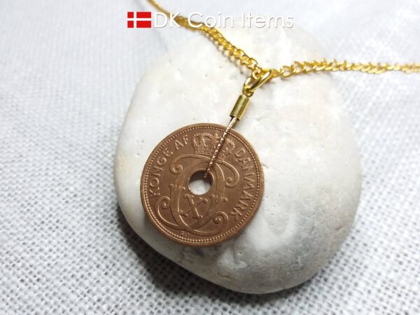 Denmark Crown C initial coin necklace with 97 year old Danish copper 5 ore as pendant. Antique 1927 vintage souvenir. 97th birthday gift