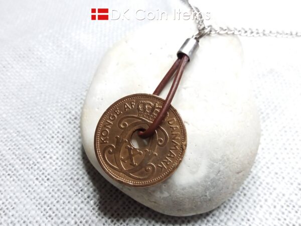 Antique Crown C-initial 1927 coin necklace with 97 year old Danish copper 5 ore as coin pendant in leather strap. Denmark Vintage souvenir