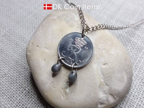 1969 Crown R initial coin necklace with 55 year old 2 ore from Denmark as coin pendant. 55th birthday gift. Danish vintage souvenir