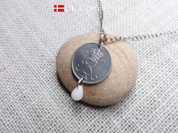 Denmark 1969 Crown R initial coin necklace with 55 year old 2 ore as coin pendant. 55th birthday gift. Danish vintage souvenir