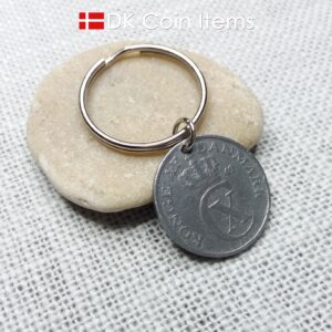 Denmark 1942 coin keychain with 82 year old Crown C initial 5 ore as coin pendant. 82nd birthday gift. Antique Danish vintage souvenir gift