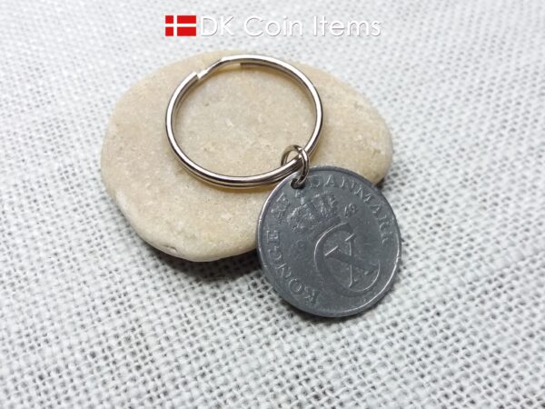 Denmark 1942 coin keychain with 82 year old Crown C initial 5 ore as coin pendant. 82nd birthday gift. Antique Danish vintage souvenir gift