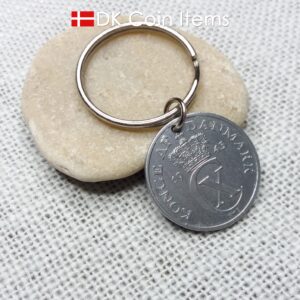 Denmark 1943 coin keychain with 81 year old Crown C initial 5 ore as coin pendant. 81st birthday gift. Antique Danish vintage souvenir gift