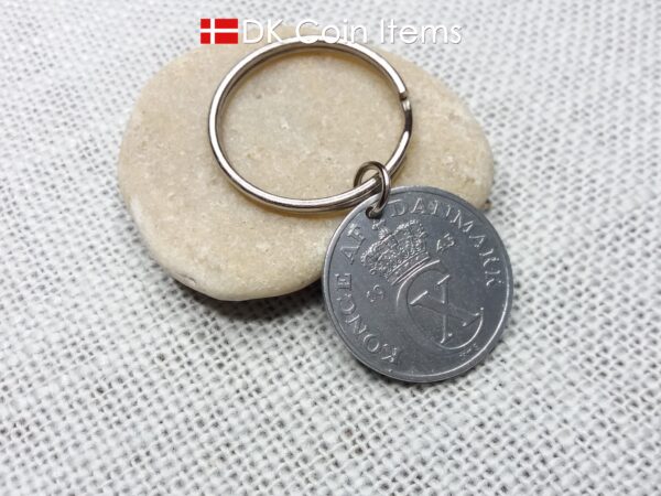 Denmark 1943 coin keychain with 81 year old Crown C initial 5 ore as coin pendant. 81st birthday gift. Antique Danish vintage souvenir gift