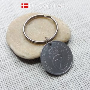 Denmark 1944 coin keychain with 80 year old Crown C initial 5 ore as coin pendant. 80th birthday gift. Antique Danish vintage souvenir gift