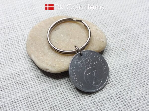 Denmark 1944 coin keychain with 80 year old Crown C initial 5 ore as coin pendant. 80th birthday gift. Antique Danish vintage souvenir gift