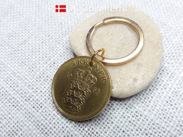 Denmark 1958 coin keychain with 66 year old golden Crown Coat of Arms 2 kroner as coin pendant. 66th birthday gift. Danish vintage souvenir