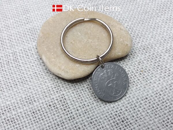 Denmark 1942 coin keychain with 82 year old Crown C initial 2 ore as coin pendant. 82nd birthday gift. Antique Danish vintage souvenir gift