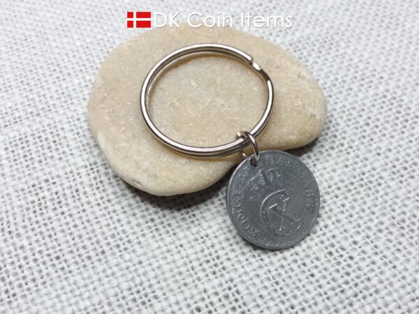 Denmark 1943 coin keychain with 81 year old Crown C initial 2 ore as coin pendant. 81st birthday gift. Antique Danish vintage souvenir gift