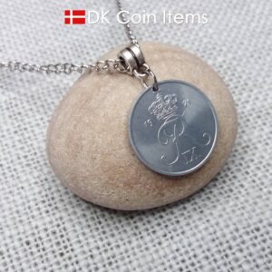 1971 coin necklace with 54 year old Crown R initial 2 ore from Denmark as coin pendant. 53rd birthday gift. Danish vintage souvenir