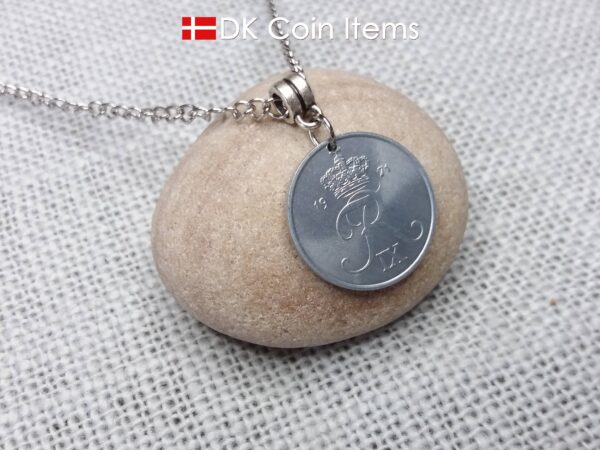 1971 coin necklace with 54 year old Crown R initial 2 ore from Denmark as coin pendant. 53rd birthday gift. Danish vintage souvenir