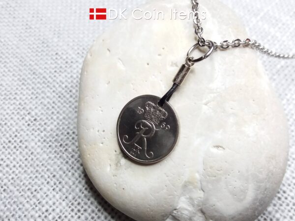 Denmark 1969 coin necklace. 55 year old Crown R initial 10 ore as coin pendant. 55th birthday gift. Danish vintage souvenir