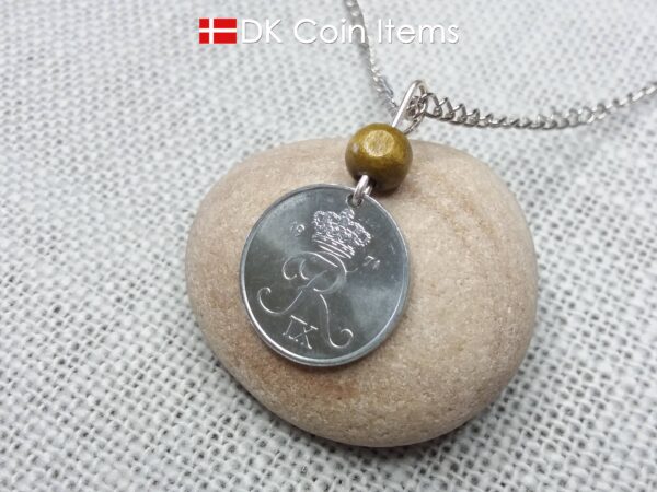 Crown R initial 1971 coin necklace with 53 year old 2 ore from Denmark as coin pendant. 53rd birthday gift. Danish vintage souvenir