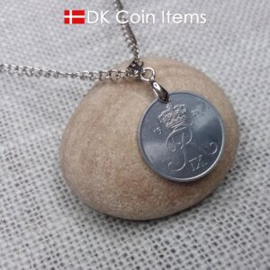 1971 Crown R coin pendant necklace with 53 year old 2 ore from Denmark. 53rd birthday gift. 2nd anniversary gift. Danish vintage souvenir