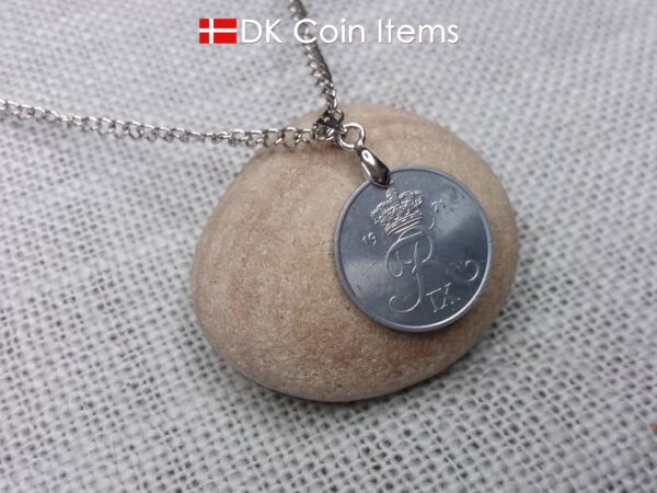 1971 Crown R coin pendant necklace with 53 year old 2 ore from Denmark. 53rd birthday gift. 2nd anniversary gift. Danish vintage souvenir