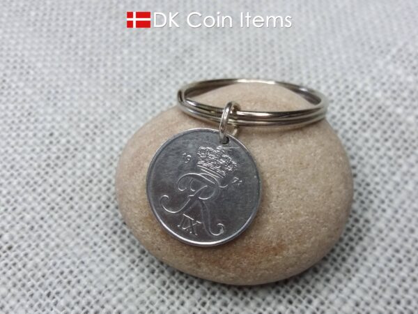 Denmark 1971 coin pendant keychain. 53 year old Crown R initial 2 ore. 53rd birthday gift. 2nd anniversary gift. Danish vintage souvenir