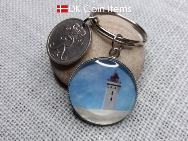 Denmark 1964 coin keychain with 55 year old Crown R 25 ore coin and Rubjerg Knude Lighthouse painting pendant. Danish vintage souvenir gift