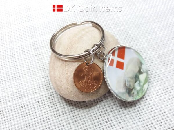 Denmark 1973 coin keychain with 51 year old Crown M 5 ore coin and Stone Age Dolmen painting pendant. Danish vintage souvenir gift