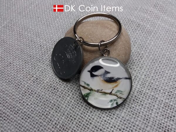 Denmark 1960 coin keychain with 64 year old Crown R initial 5 ore coin and Black-Capped Chickadee painting pendant. Danish vintage souvenir