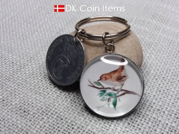 Denmark 1941 coin keychain with 83 year old Crown C initial 5 ore coin and Wren bird painting pendant. Danish vintage souvenir