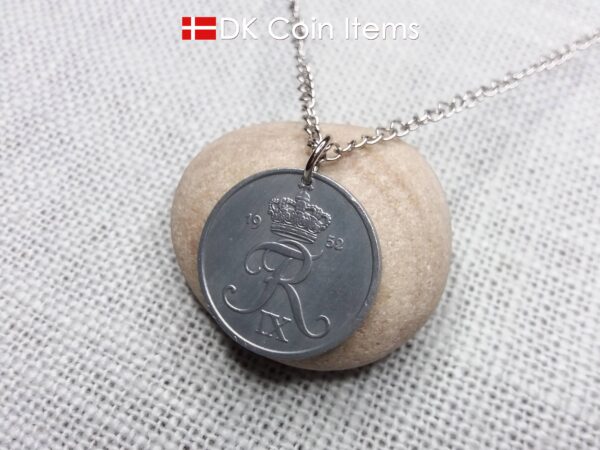 Denmark 1952 Crown R initial coin necklace with 72 year old 5 ore as coin pendant. Unique 72nd birthday gift or Danish vintage souvenir