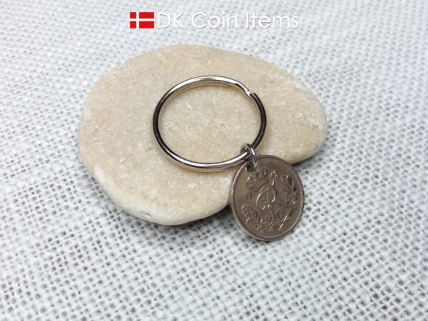 Denmark 1949 coin keychain with 75 year old Crown R initial 10 ore as coin pendant. 75th birthday gift. Danish vintage souvenir