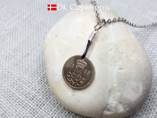 Denmark 1988 coin necklace with 36 year old Crown M initial 10 ore as coin pendant. 36th birthday gift. Danish vintage souvenir