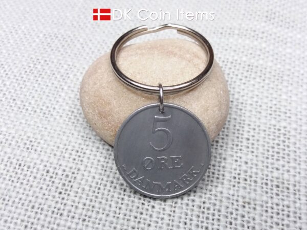 Denmark 1952 Crown R initial coin keychain with 72 year old 5 ore as coin pendant. Unique 72nd birthday gift or Danish vintage souvenir