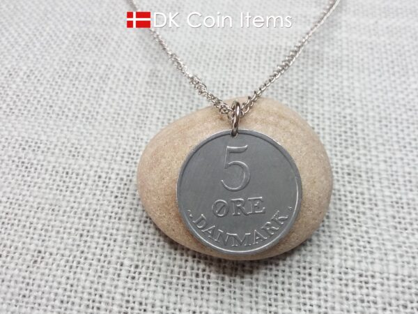 Denmark 1957 Crown R initial coin necklace with 67 year old 5 ore as coin pendant. Unique 67th birthday gift or Danish vintage souvenir