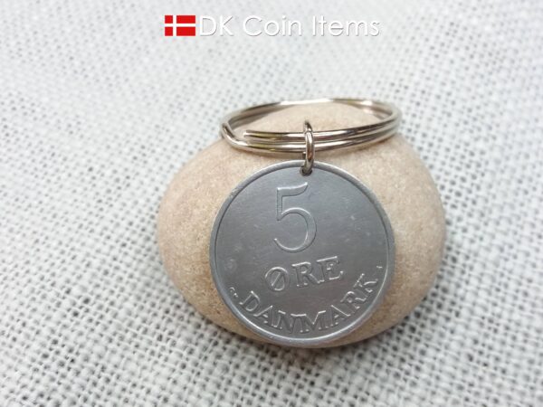 Denmark 1957 Crown R initial coin keychain with 67 year old 5 ore as coin pendant. Unique 67th birthday gift or Danish vintage souvenir