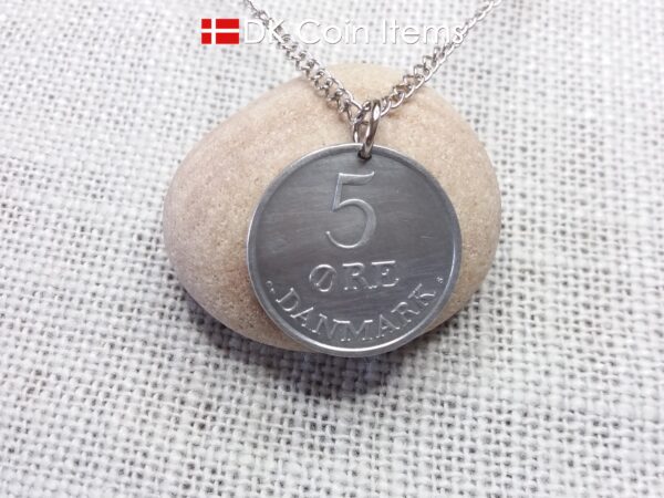 Denmark 1958 Crown R initial coin necklace with 66 year old 5 ore as coin pendant. Unique 66th birthday gift or Danish vintage souvenir