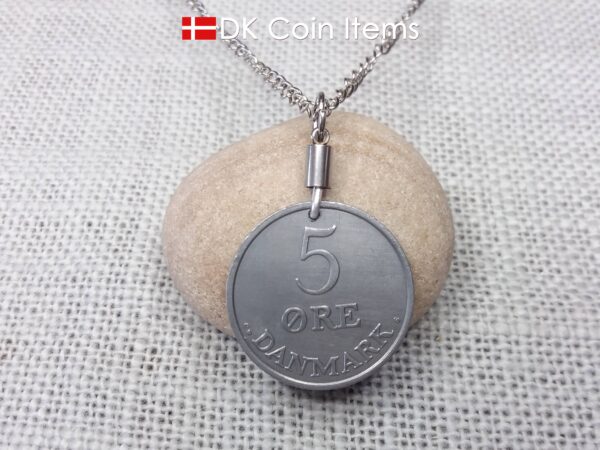 Denmark 1959 Crown R initial coin pendant necklace with 65 year old 5 ore. Unique 65th birthday, 5th anniversary or Danish souvenir gift