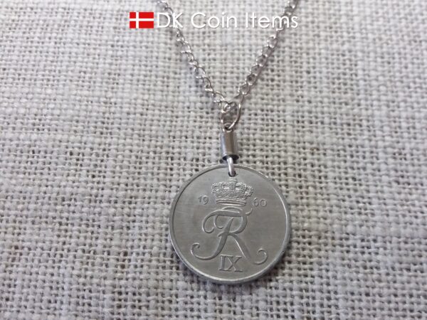 Denmark 1960 Crown R initial coin pendant necklace with 64 year old 5 ore. Unique 64th birthday, 5th anniversary or Danish souvenir gift