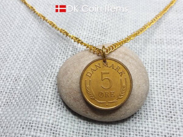 Denmark 1964 coin pendant necklace with Crown R initial. 60 year old 5 ore. 60th birthday gift or Danish vintage souvenir