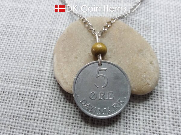 Denmark Crown R 1963 coin necklace with 61 year old 5 ore as coin pendant on greenish tree bead