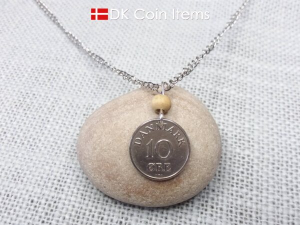 Denmark Crown R 1954 coin necklace with 70 year old 10 ore as coin pendant on wire with tree bead