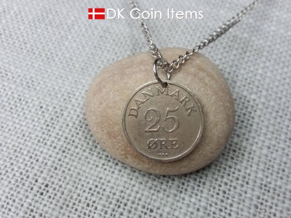 Danish coin pendant necklace with a 1953 Crown R-initial 25 øre. 71st birthday gift. Danish vintage souvenir