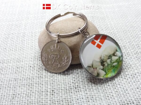 Denmark 1953 coin keychain with 71 year old Crown R-initial 25 ore coin and Stone Age Dolmen painting pendant. Danish vintage souvenir gift