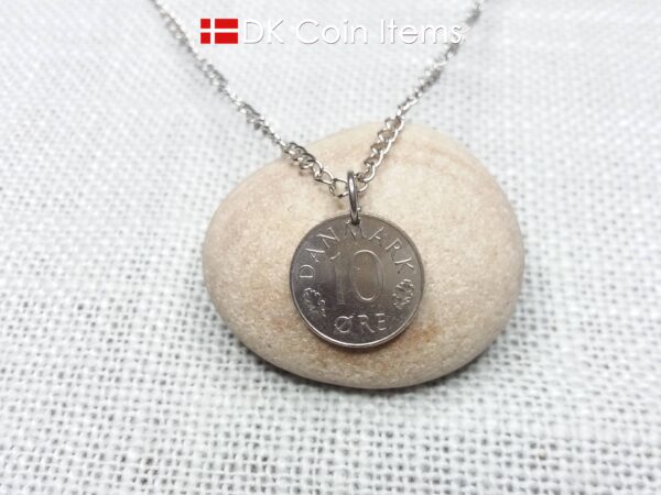 Denmark 1976 coin pendant necklace with 48 year old Crown M initial 10 ore. 48th birthday gift. Danish vintage souvenir