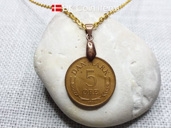 Denmark 1963 coin necklace with 61 year old Crown R initial 5 ore as coin pendant. 61st birthday gift. Danish vintage souvenir