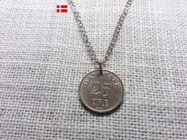 Danish coin pendant necklace with a 1956 Crown R-initial 25 ore. 68th birthday gift. Danish vintage souvenir