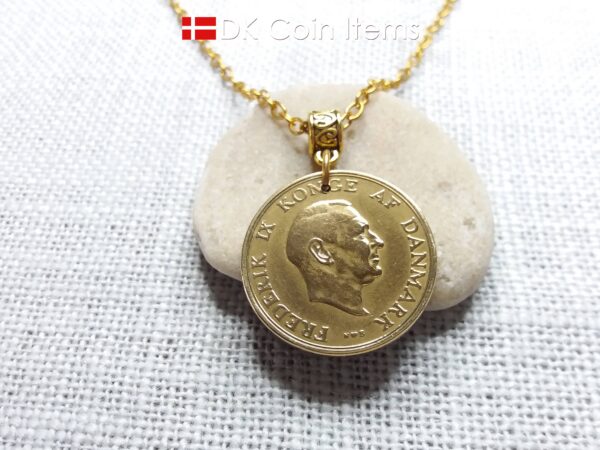 Denmark 1951 coin necklace with 73 year old golden Crown Coat of Arms 2 kroner as coin pendant. 73rd birthday gift. Danish vintage souvenir