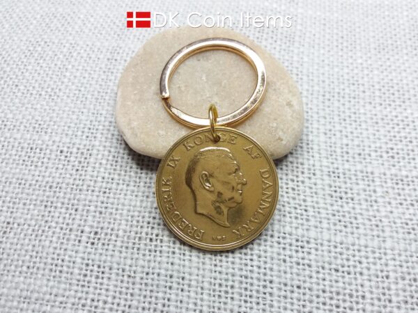 Denmark 1951 coin keychain with 73 year old golden Crown Coat of Arms 2 kroner as coin pendant. 73rd birthday gift. Danish vintage souvenir