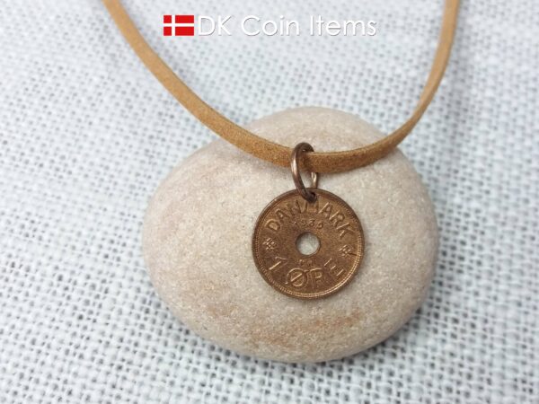 Denmark 1939 Crown C-initial coin pendant necklace with 85 year old copper 1 ore. 85th birthday gift. Antique Danish vintage souvenir gift