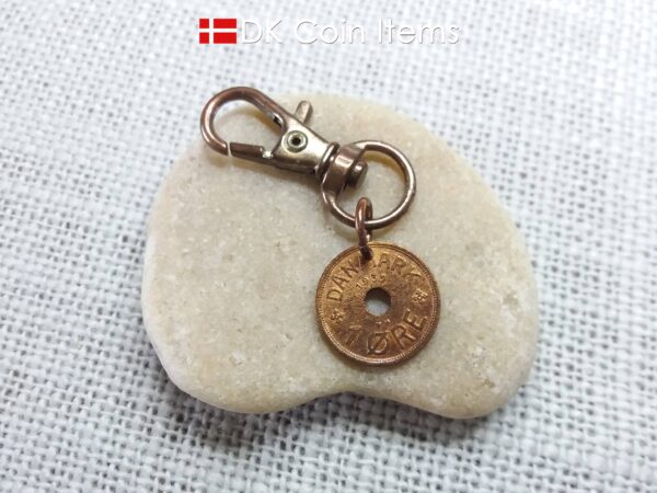 Denmark 1939 Crown C-initial coin pendant charm with 85 year old copper 1 ore on trigger clip. 85th birthday gift. Danish vintage souvenir