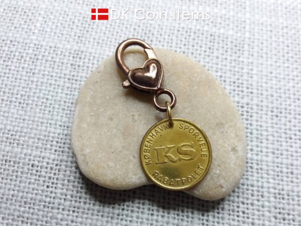 Denmark Little Mermaid charm - Copenhagen vintage 1960s fare token - The Little Mermaid statue - Danish fairy tale souvenir with heart clip