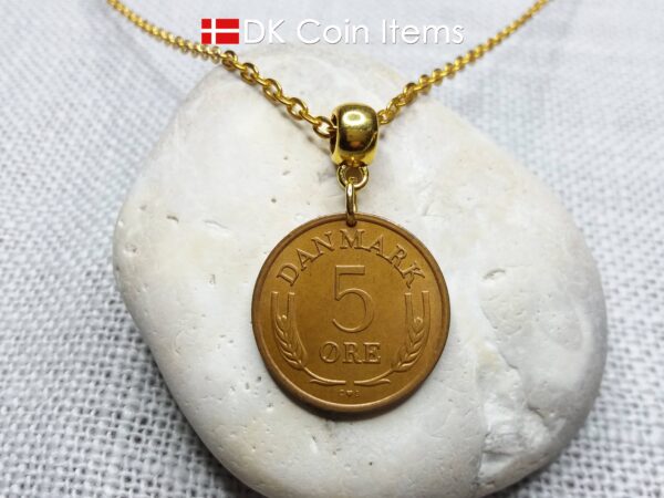 Denmark 1968 coin necklace with 56 year old Crown R initial 5 ore as coin pendant. 56th birthday gift. Danish vintage souvenir