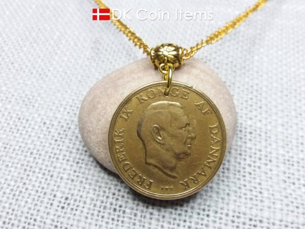 Denmark 1951 Crown Coat of Arms coin necklace with 73 year old golden 2 kroner as coin pendant. 73rd birthday gift. Danish vintage souvenir